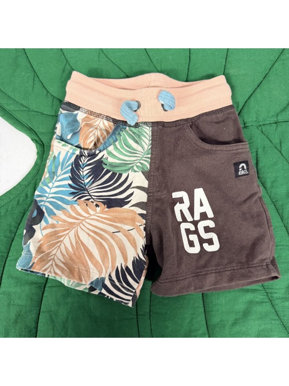 RAGS Kids 3-4Y Gray Monstera Tropical Leaf Board Shorts Elastic Waist Pocket